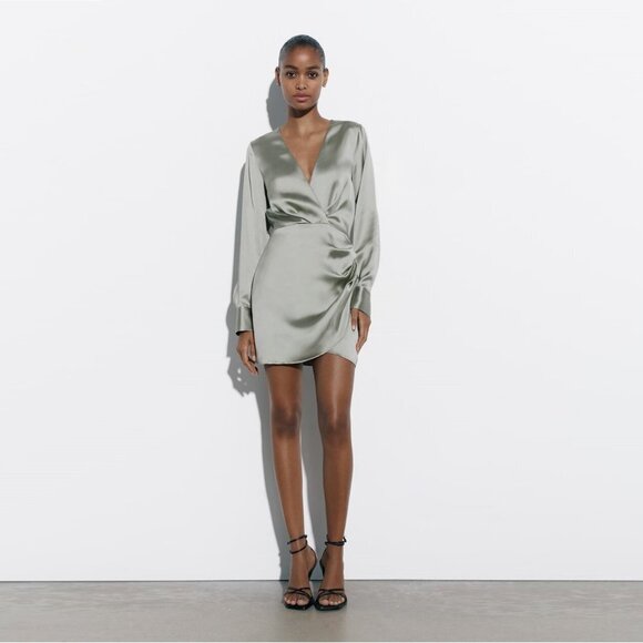 Zara Dresses & Skirts - New Zara Wrap Front Satin Long Sleeve Grey Dress Size S